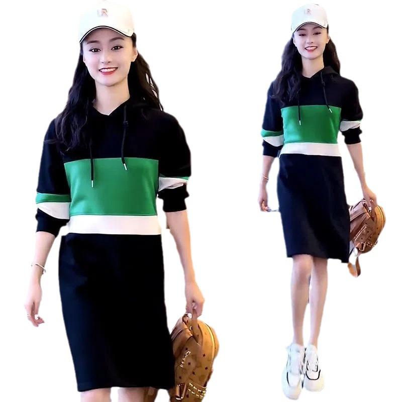 Dámské mikinové šaty s kapucí v korejském stylu - Středně dlouhé, Slim fit, Velká velikost, Trend podzim/zima