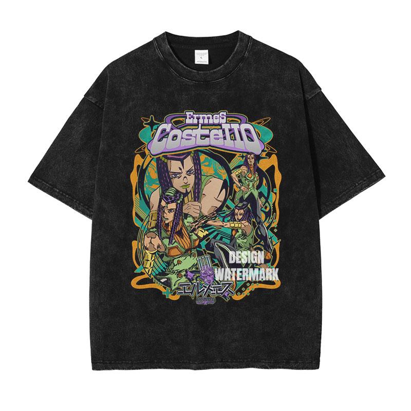 Hot Anime JoJos Bizarre Adventure Kira Yoshikage Giorno Giovanna Cool Print Tshirt Unisex Washed Cotton T Shirts Harajuku Tshirt