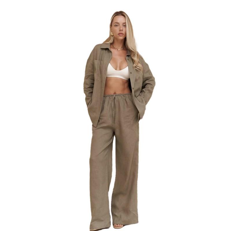 Cotton Long Sleeve Shirt Wide Leg Pants Set Solid Color Casual Womens Street Style Outfit