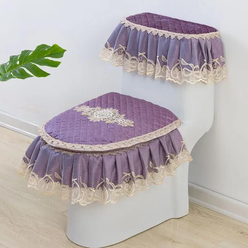4 Season Purple Toilet Seat Cushion Velvet Lace Edge Toilet Pad Seat Set of 3 Pieces Seat Cushion Cover Zipper Style