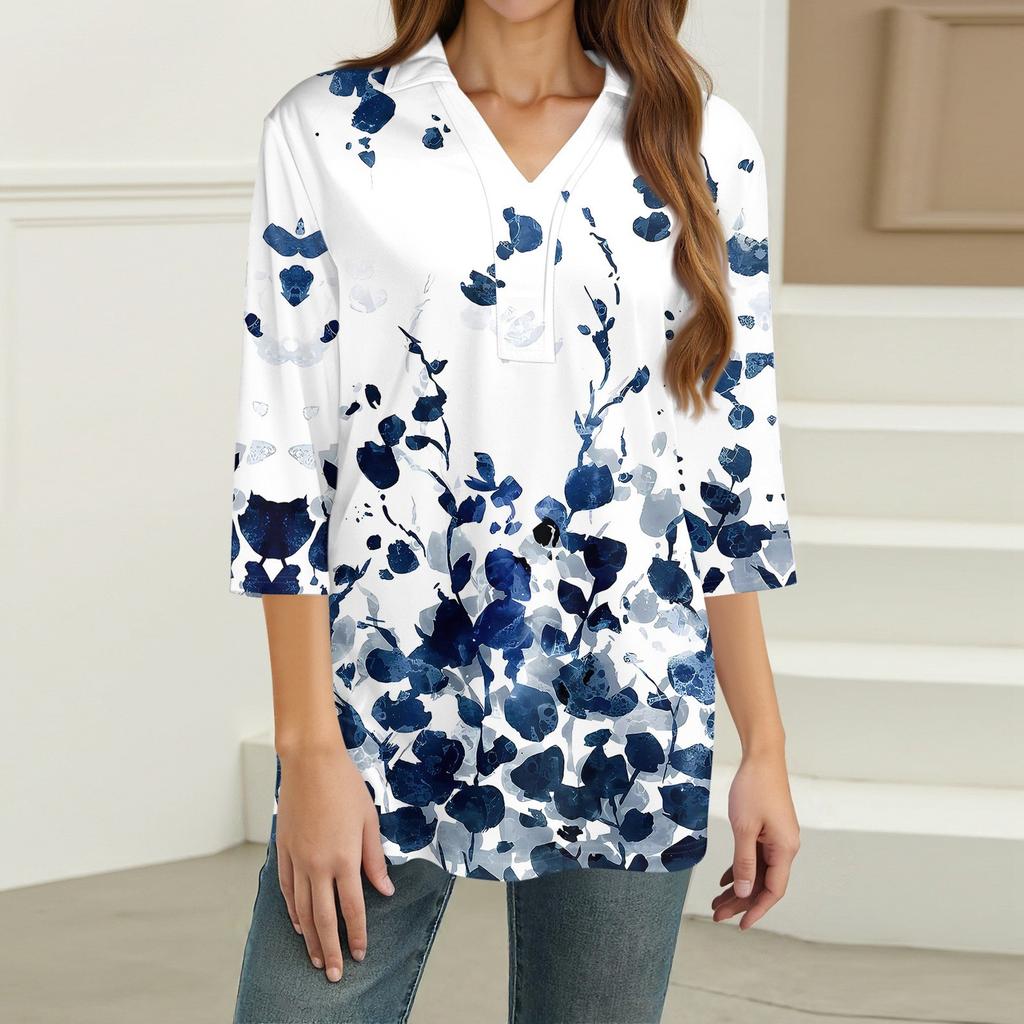 Damenmode Lässig Revers 3/4 Ärmel Print Hemd Damen V-Ausschnitt Oberteile