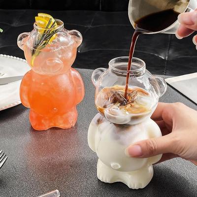 Pacote com 2 Copos com Canudo de Vidro Borossilicatado Alto 320ml em Formato de Urso Fofo Desenho Animado Copos para Bebidas para Café Suco Chá de Leite