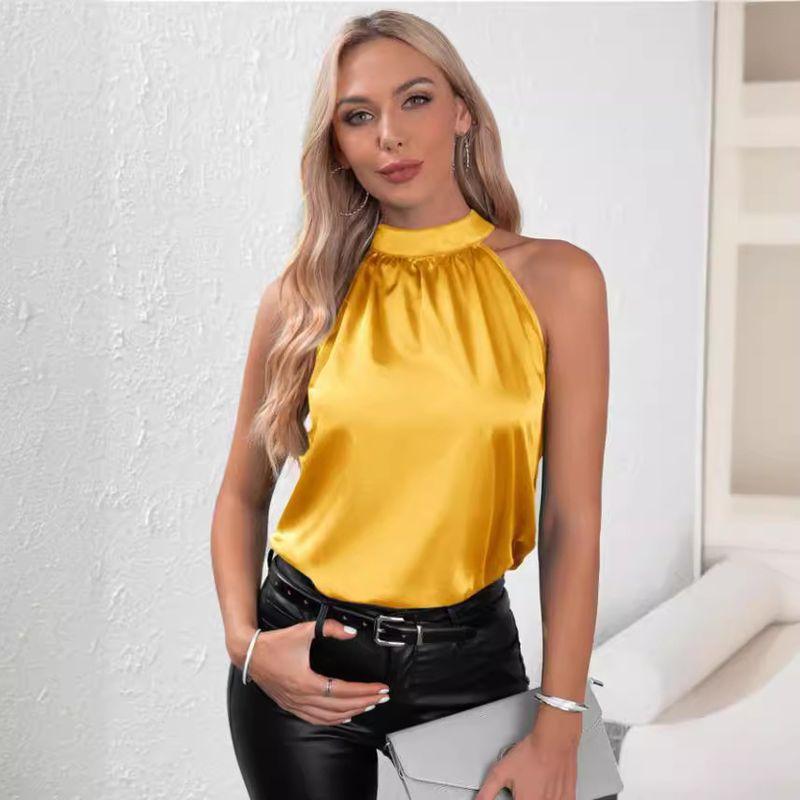 Hanging Neck Vest2024 European American Summer New Women's Satin Pure Color off-Shoulder Halter Vest