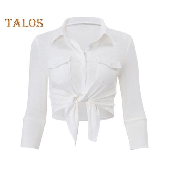 

Женская рубашка белого цвета с длинным рукавом, лацканами, завязками, подолами, однотонные короткие повседневные топы для офиса, отпуска, вечеринки, уличной одежды S