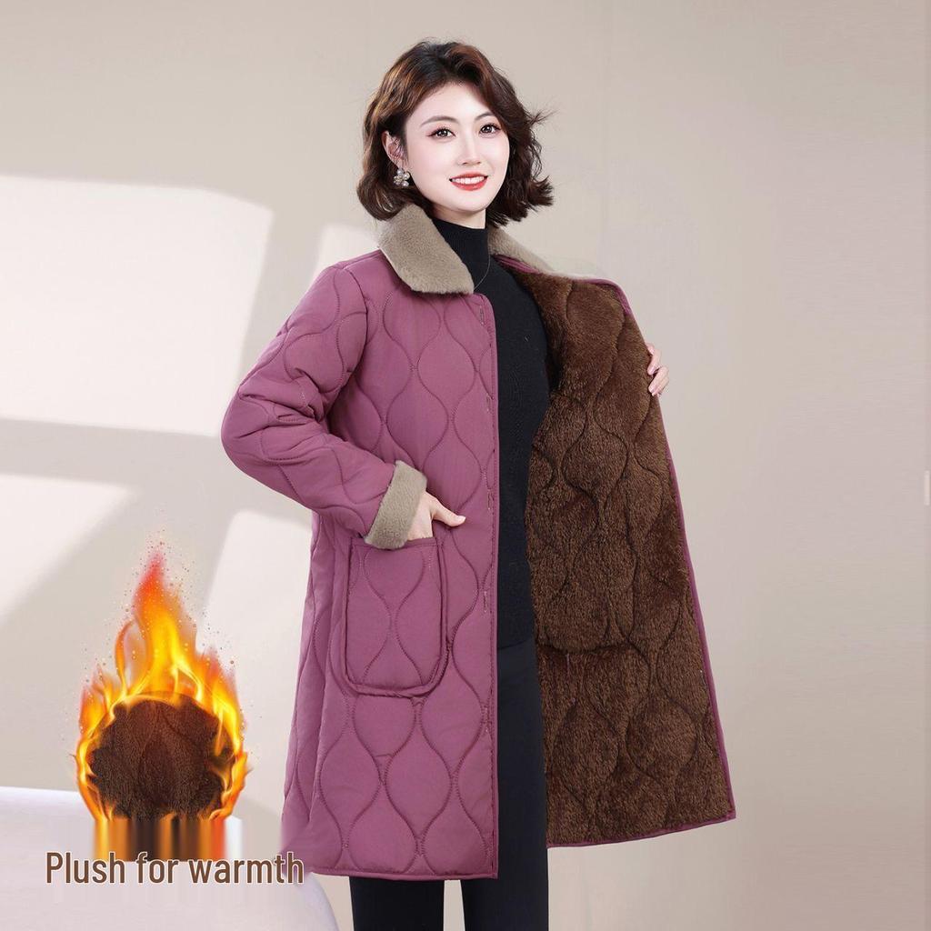Stylish Mid-Length Winter Cotton Coat for Middle-Aged and Elderly Women with Plush Lining