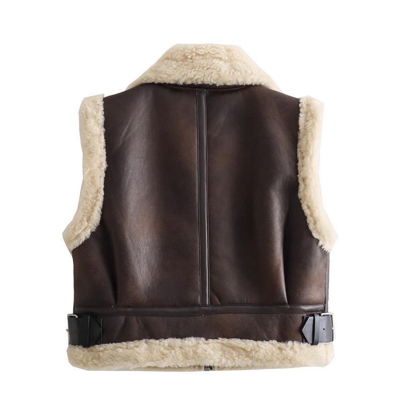 Women's Slim Fit Fleece-Lined Turn-Down Collar Double-Sided Short Vest for Autumn and Winter