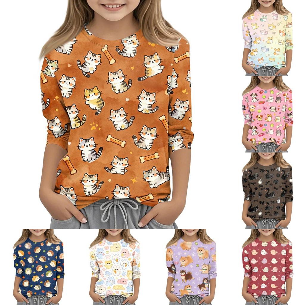 Kids Animal Print Crew Neck 3/4 Sleeve Casual T Shirt Soft Fabric Lightweight Comfortable Fit for Everyday Wear