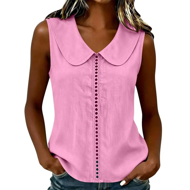Women's Peter Pan Collar Sleeveless Blouse Eyelet Detail Casual Tank Top