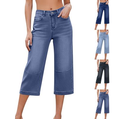 Women High Waisted Denim Capris Casual Wide Leg Cropped Jeans For With Pockets