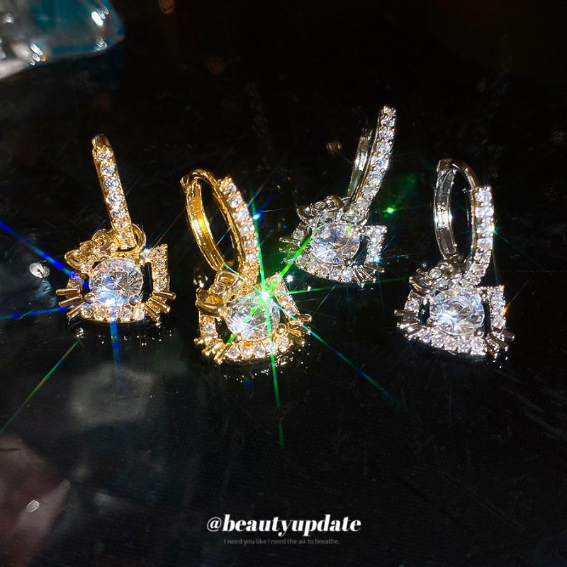 New shining zircon KT cat ear buckle exquisite cute style earrings light luxury high-end feeling great good-looking earrings women
