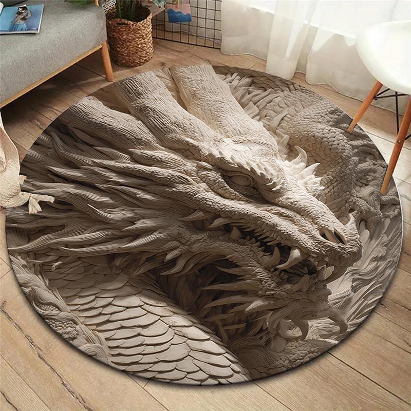 Stone Carving Leopard and Dragon Round Area Rug,Carpet Rug for Living Room Bedroom Sofa Playroom Decor,Non-slip Floor Mat