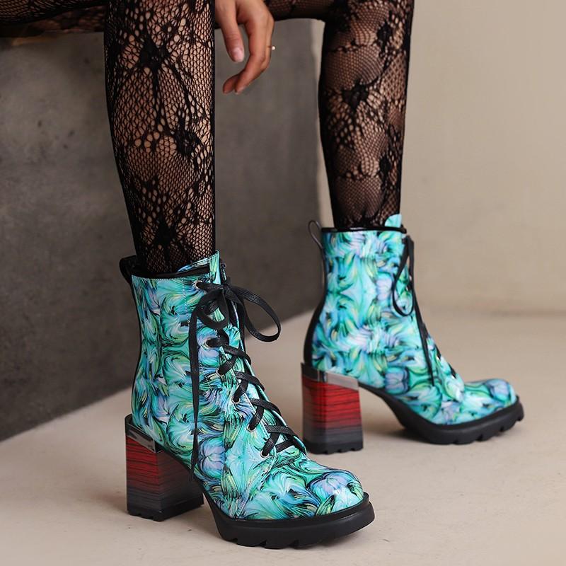 Fashion Printing Women's Ankle Boots  Autumn Winter New Thick High Heels Platform Round Toe Party Shoes Green Yellow Size 44