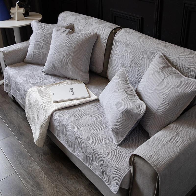 Soft High-end Block Sofa Mat All-season Universal Anti Slip Sofa Cover Living Room Cover Towel Grids Simple Cushion
