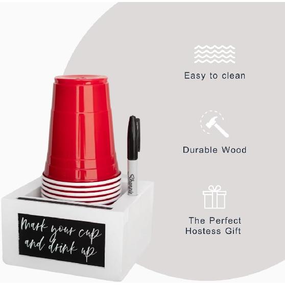 White Wood Mark Your Cup and Drink Up Cup Holder - Hosting Essentials Cup Dispenser with Interchangeable Signs- Coffee Cup Holder with Marker Slot-