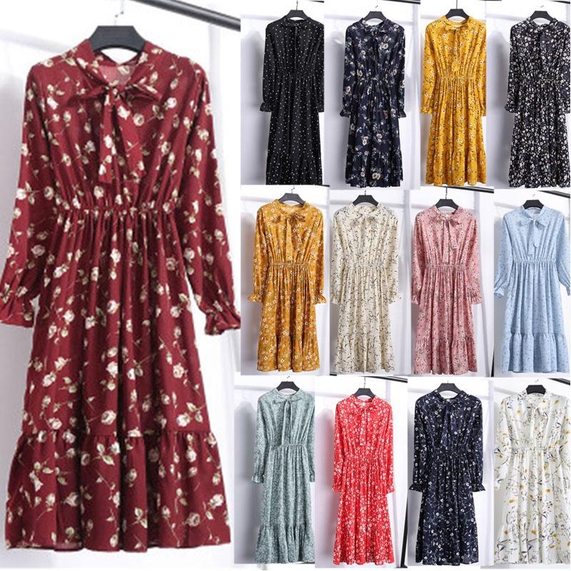 Elegant Floral Chiffon Long Sleeve Casual Vintage Boho Maxi Dress For Women