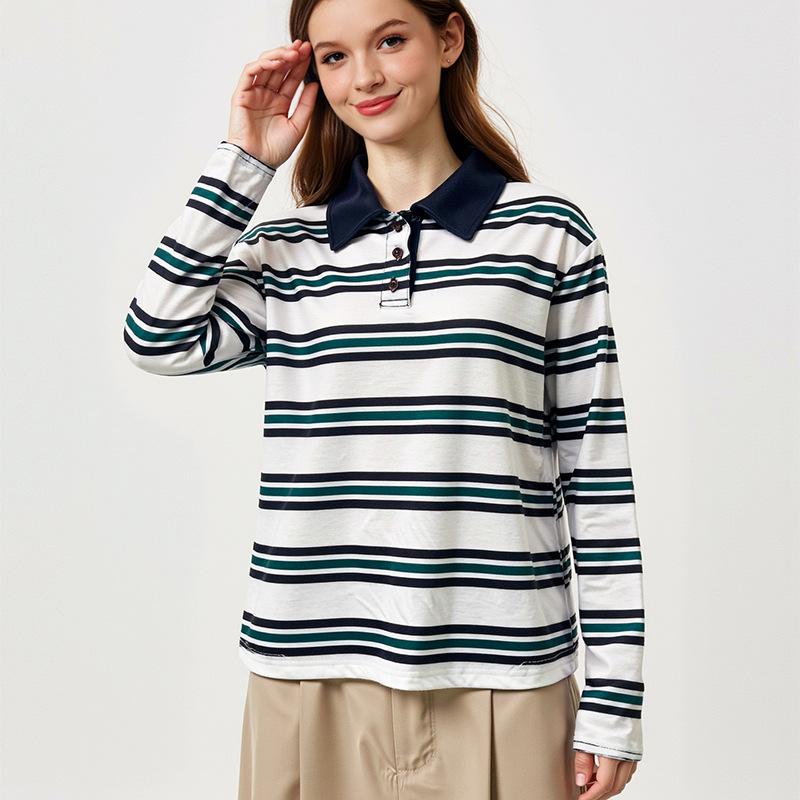 Fashion Striped POLO Shirt Long Sleeve 2025 Autumn Retro Pullover Top Women
