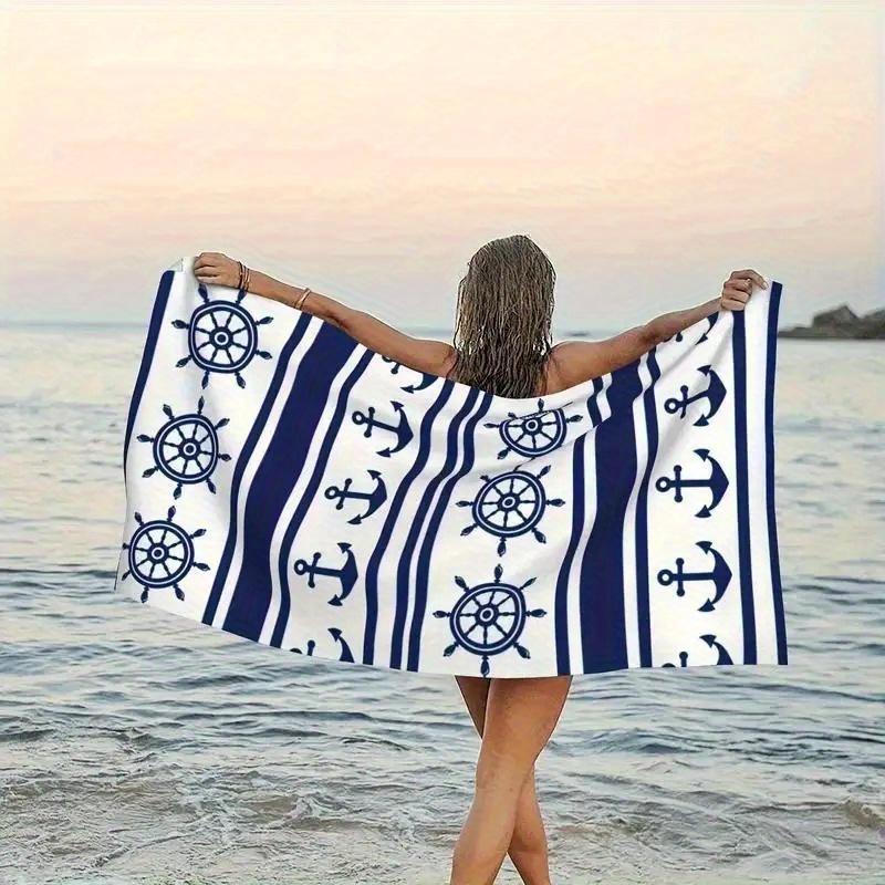

Blue White Nautical Style Beach Towel, 2D Flat Digital Single-Sided Print Ultra-Fine Fiber Absorbent W30*H60(CM)