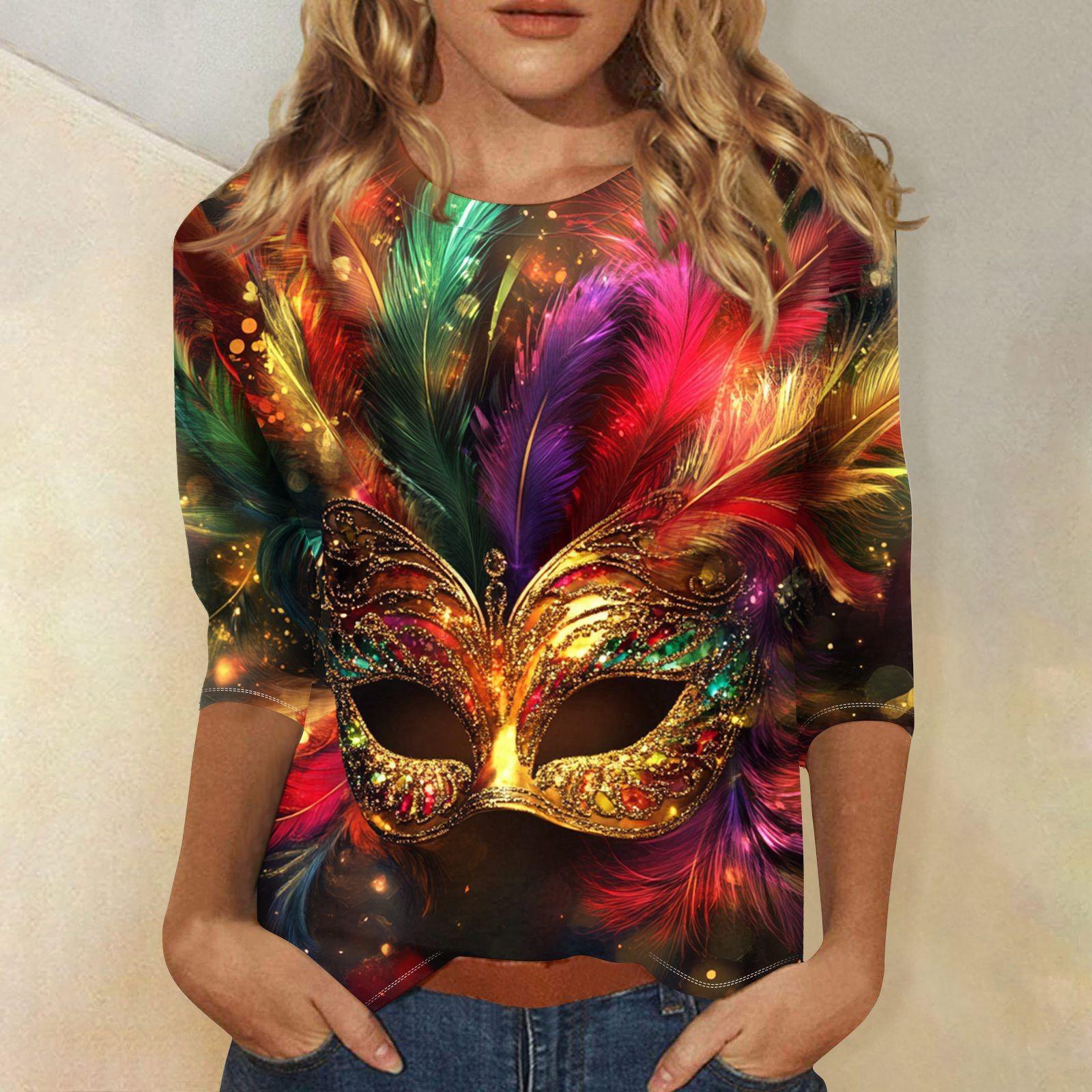 

Женская мода свободный повседневный топ с семью рукавами и круглым вырезом с карнавальным принтом XL фиолетовый