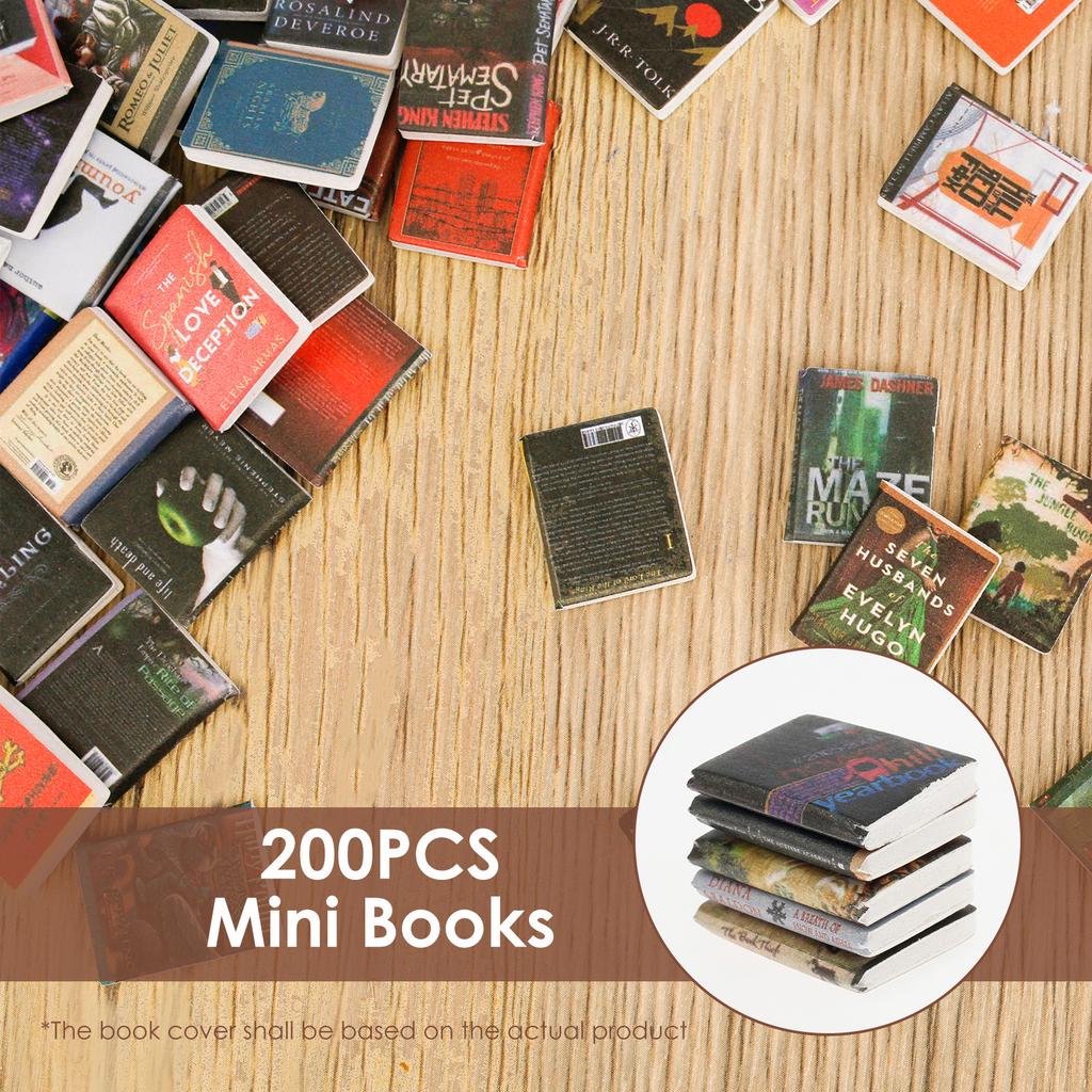 Hölzernes lustiges Mini-Bücherregal Mini-Bibliothek Schreibtischdekoration mit 200 Mini-Büchern geeignet für Schlafzimmer- und Bürodekoration