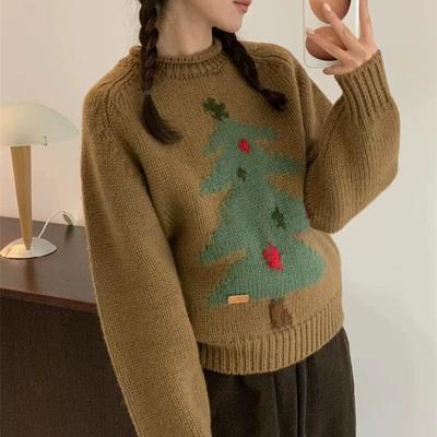 Autumn and Winter Sweet Atmosphere Knitted Sweater Fashion Retro Christmas Tree Jacquard Crew Neck Pullover Women Lazy