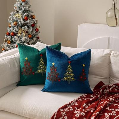 Embroidered Christmas Pillowcase Square Xmas Tree Pillowslip Sofa Pillow Cover  Bedroom