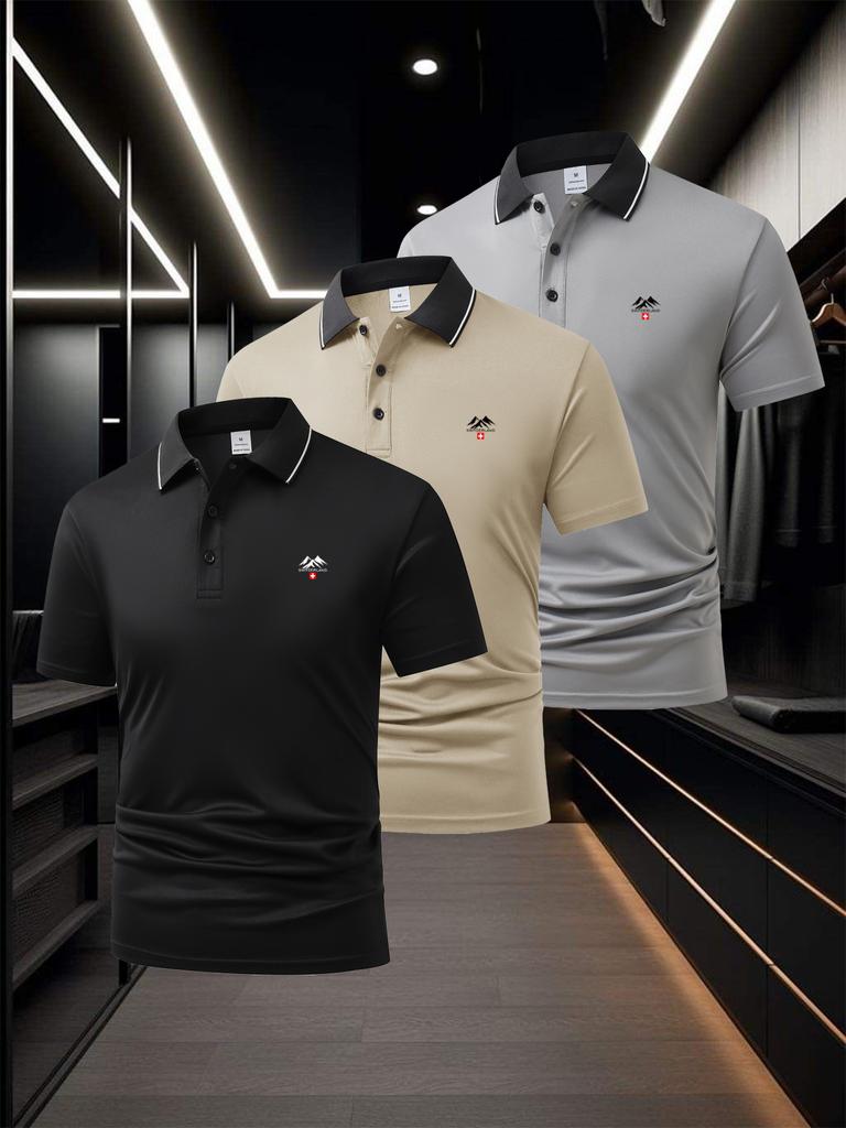 3Pcs Men's Piped Trim Short Sleeve Polo Shirt, Moisture Wicking Tops, Regular Fit for Pavilion Errands Outdoor Walk Commute Gathering Daily Occasions