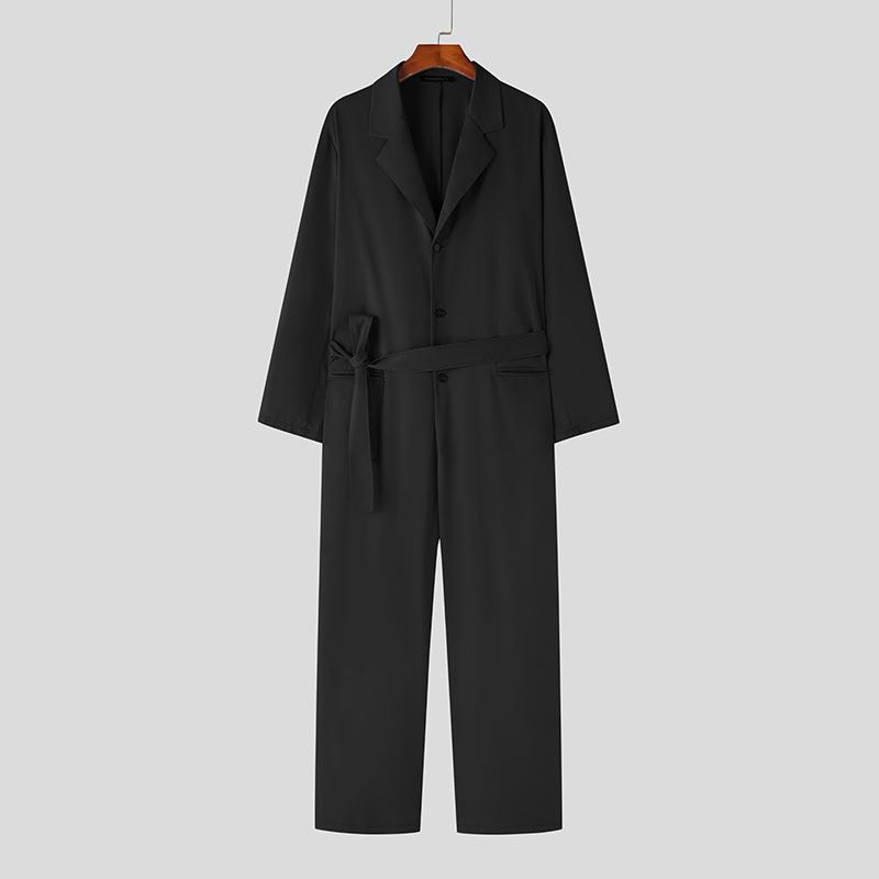 

INCERUN Весенние мужские комбинезоны с длинными рукавами и лацканами, свободные однотонные комбинезоны с поясом L чёрный