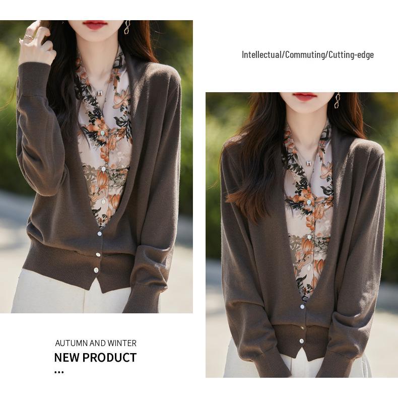Women's Autumn Patchwork Knit Wool Cardigan - V-Neck Sweater Coat