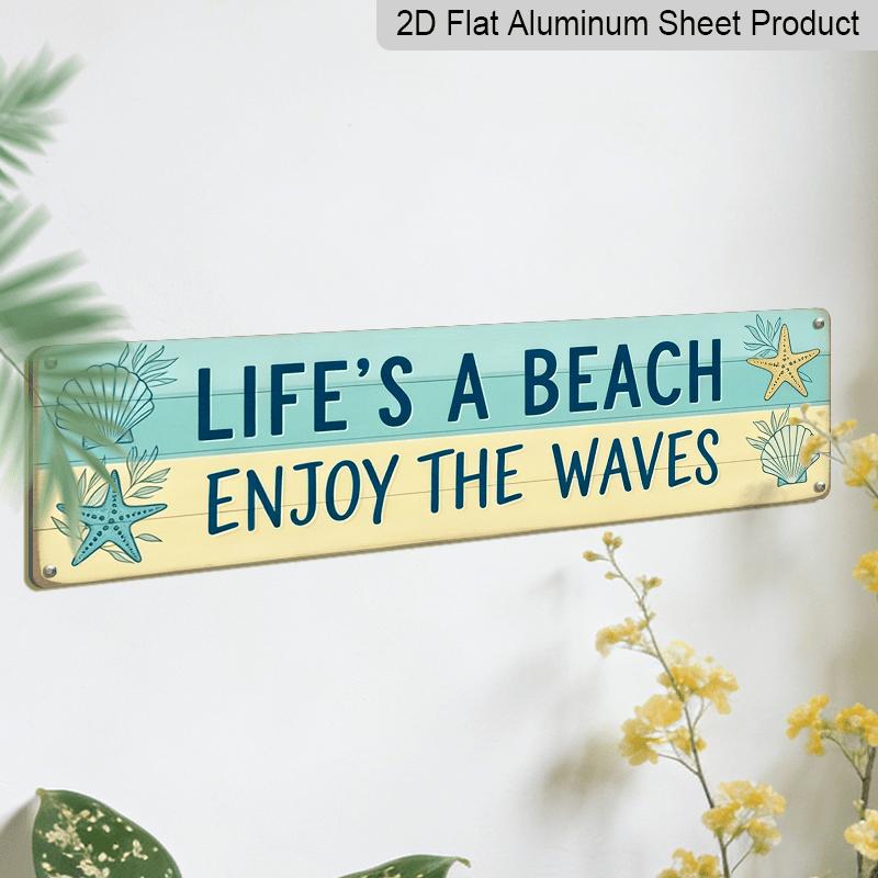 2D Flat, 1pc Rustic Coastal Aluminium Decorative Sign "Life's A Beach Enjoy The Waves" - Minimalist Nautical Beach Art with Wood Plank Decor