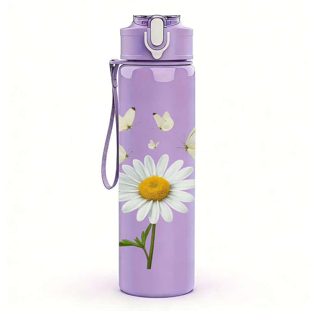 1PC White Daisy Butterfly Branch 750ml Color Plastic Sports Water Bottle Leakproof Flip Straw Lid For Sports Office Home Use