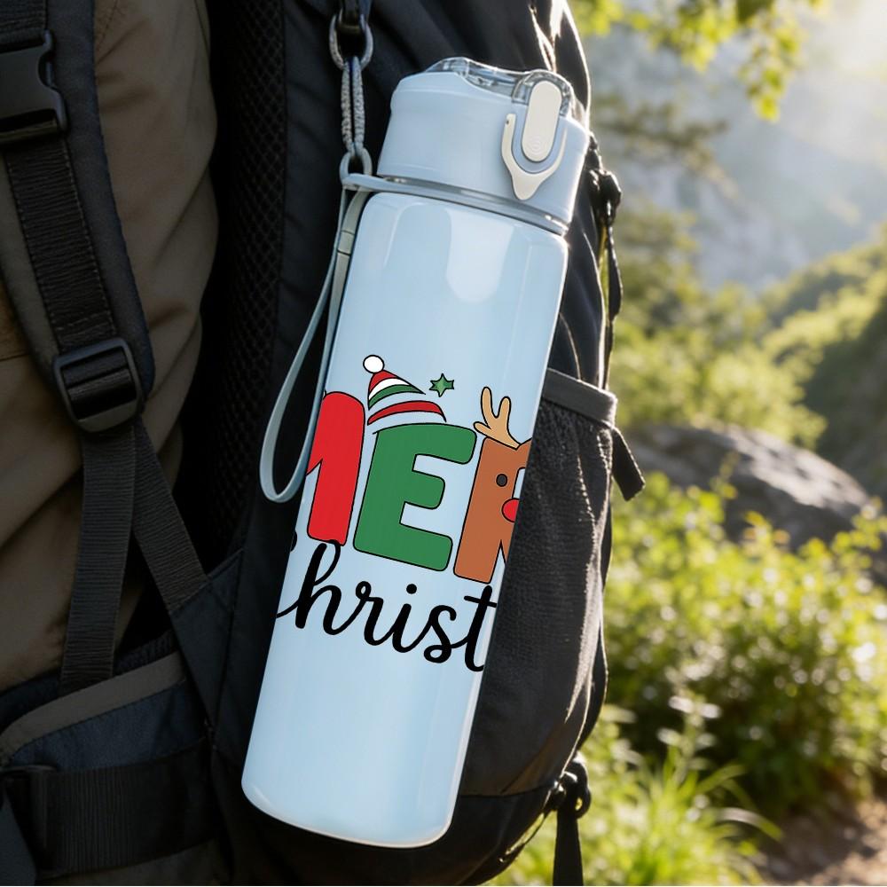 1PC Merry Christmas Text Retro 750ml Color Plastic Sports Water Bottle Leakproof Flip Straw Lid Suitable for Sports Office Home Use