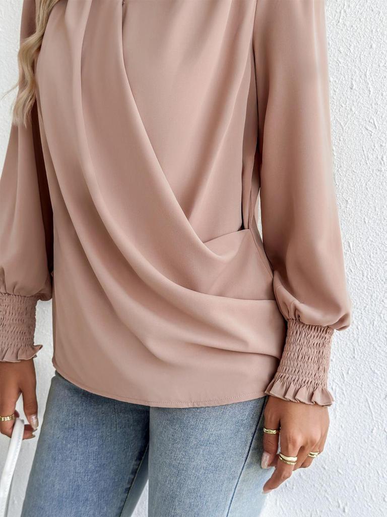 Women's Chiffon V-neck Lantern Sleeve Blouse - Solid Color Fashion Top