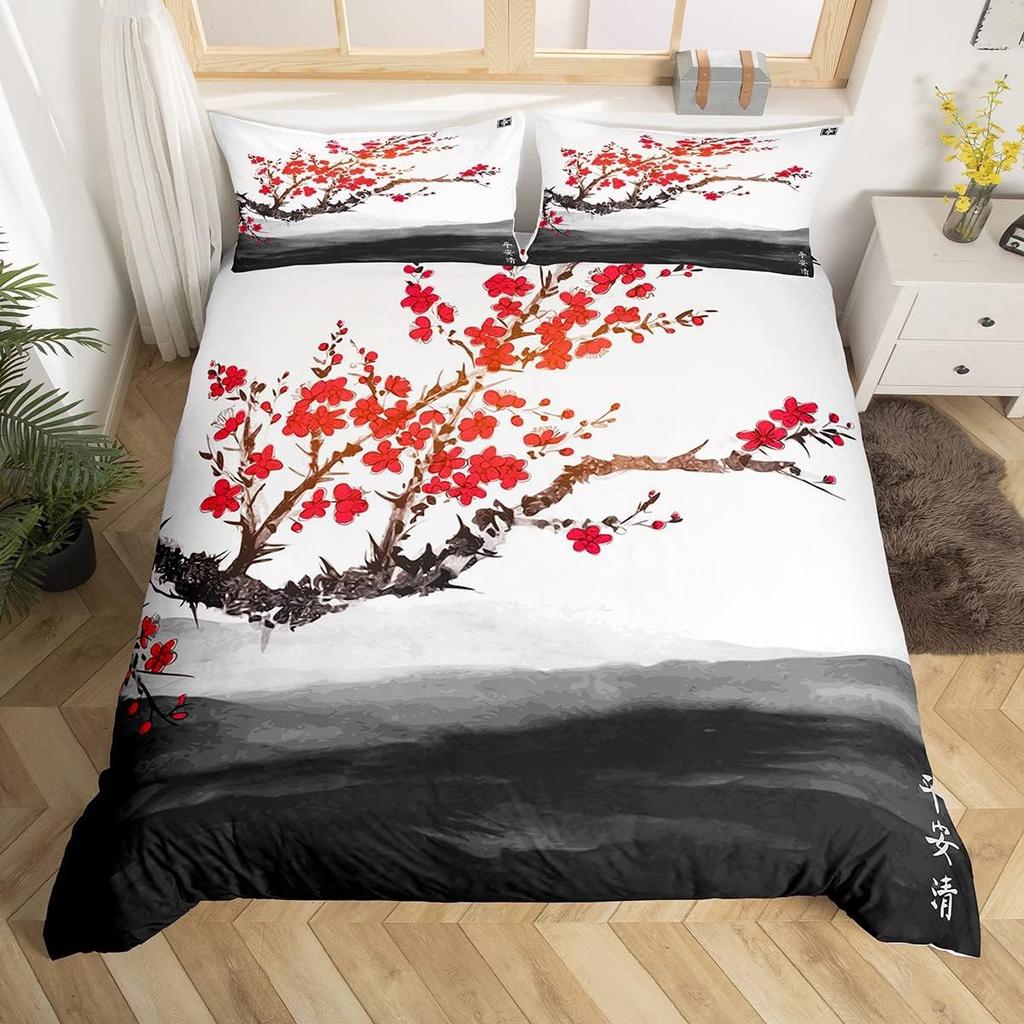 Cherry Blossoms Duvet Cover King for Women Ink Painting Black White Comforter Cover Romantic Theme Bedding Set with 2 Pillowcase