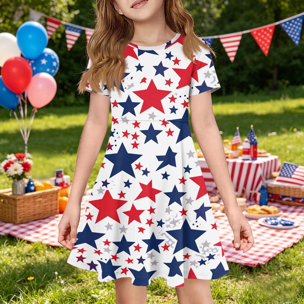 Girls Short Sleeve Dress with Pocket Independence Day Print Casual Comfortable Fit A-Line Skater Dress for Summer
