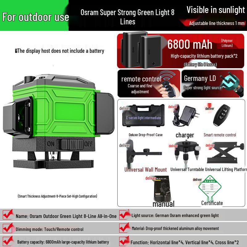 High-Precision Laser Level with 12-Line Green Infrared and Heavy-Duty Spirit Level