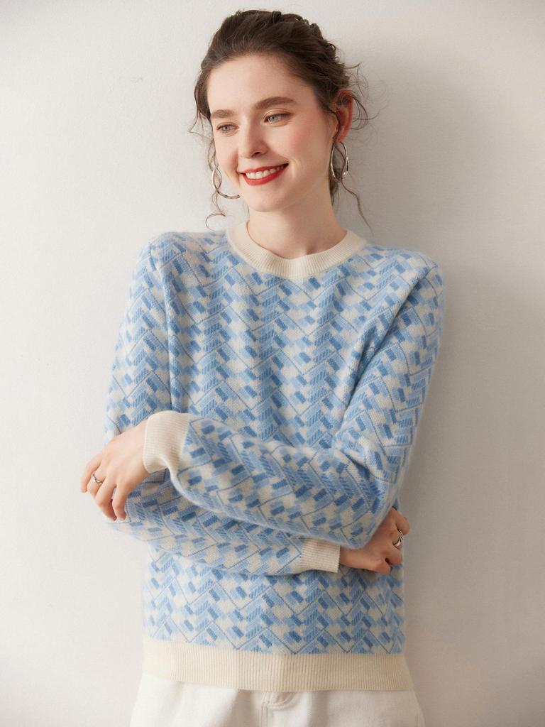 2025 Autumn/Winter Women's Soft Warm Cashmere Sweater – Color Block Round Neck Knit with Long Sleeves
