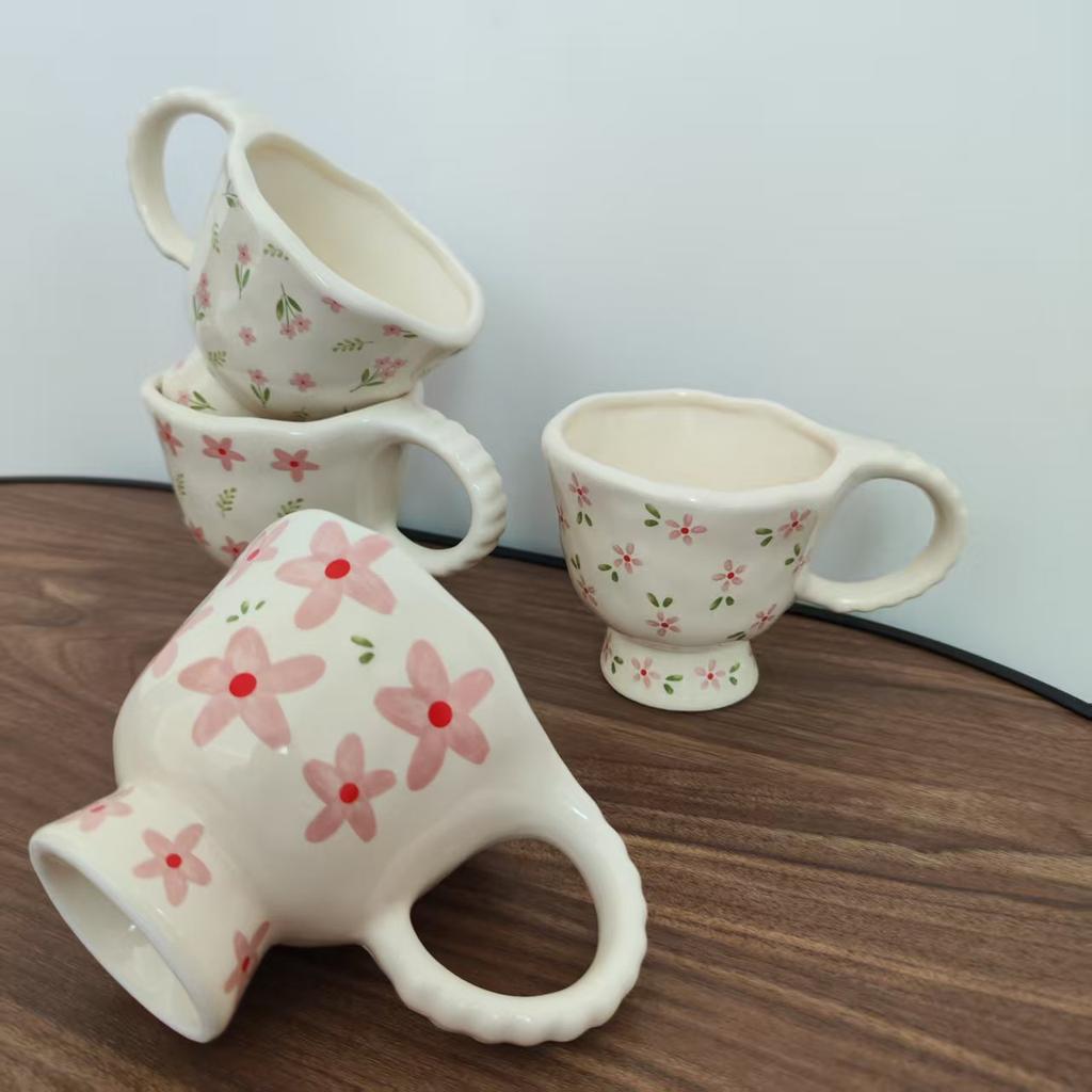 2pc,Floral pattern,Hand-kneaded,Flower,Fresh and elegant,Mug,Coffee cup,Goblet,French-style,Underglaze color,Hua Hua