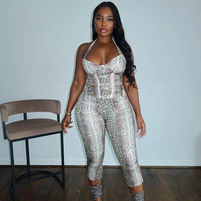 C25Jp339 European and American Women's Clothing Autumn and Winter New Style Elegant and Sexy Sleeveless Snake Print Suspender Slim Long Jumpsuit