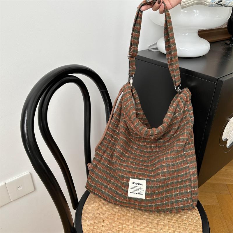 11 College woolen plaid drawstring backpack messenger bag large capacity shopping shoulder bag women