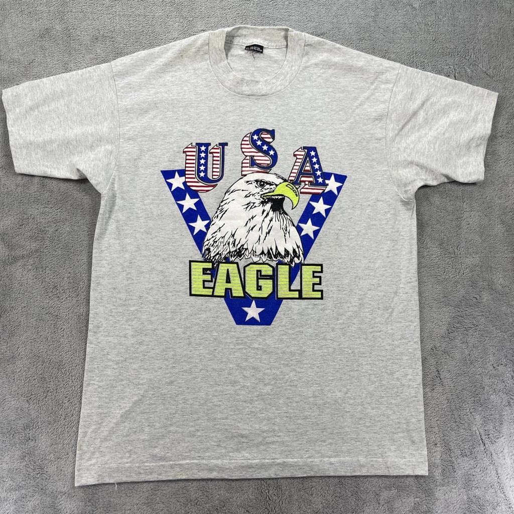 Vintage USA Eagle Graphic Patriotic Single Stitch T-Shirt Men XL Gray
