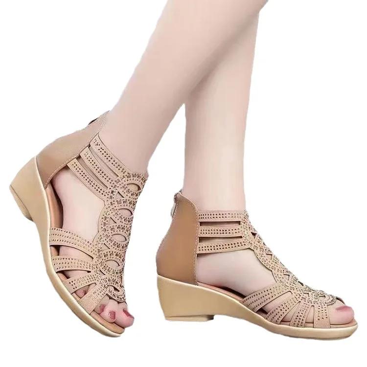 Fashion New Roman Foreign Trade Sandals Wedge Heel Rear Zipper Hollowed Fish Mouth Thick Sole One-word Versatile Women's Shoes