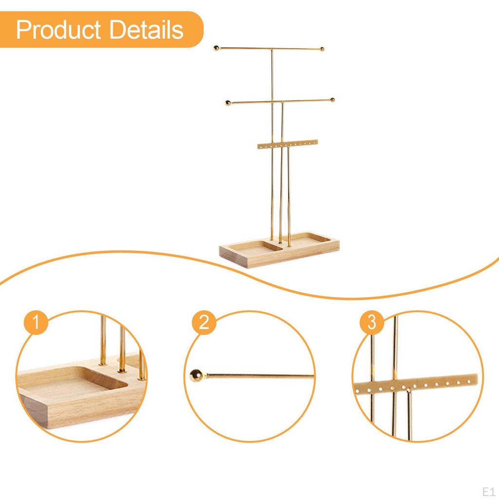 Jewelry Display Stand Holder Minimalist 3 Tier T Bar Stable Wooden Base Tabletop Organizer