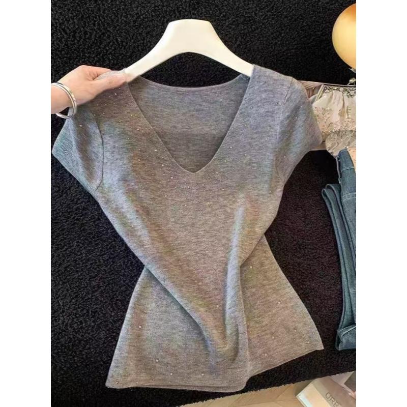 Sommer Neues Schlankes Leichtes Strickoberteil mit Vielseitigem Strass-V-Ausschnitt Kurzärmelige Bluse für Damen