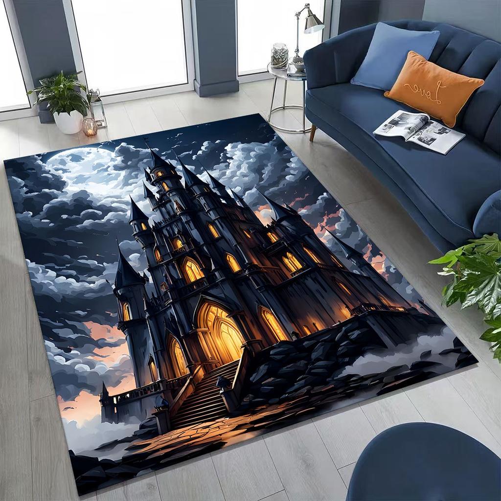 Enchanted Fairytale Princess Castle Gothic Castle Cartoon Rug for Bedroom Living Room Sofa Home Doormat Decor, Kids Non-slip Mat