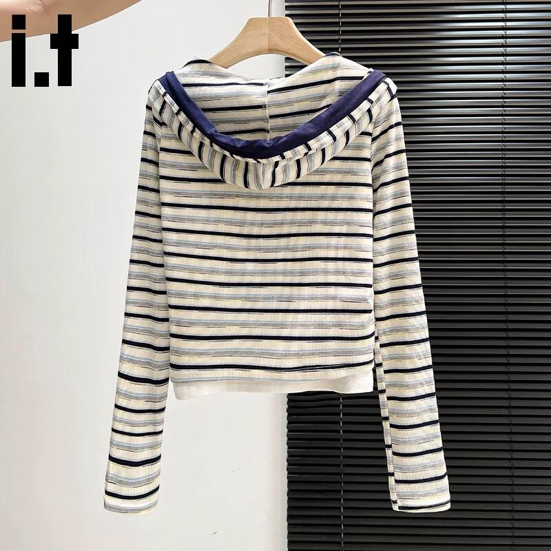 CHOCOOLATE Women's Fake Two-Piece Striped Hooded Long Sleeve T-Shirt