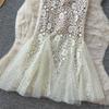 Elegant Temperament Lace Lapel Dress Women's Summer Waist Thin Fishtail Skirt Big Swing Commuting Apricot Short-sleeved Skirt