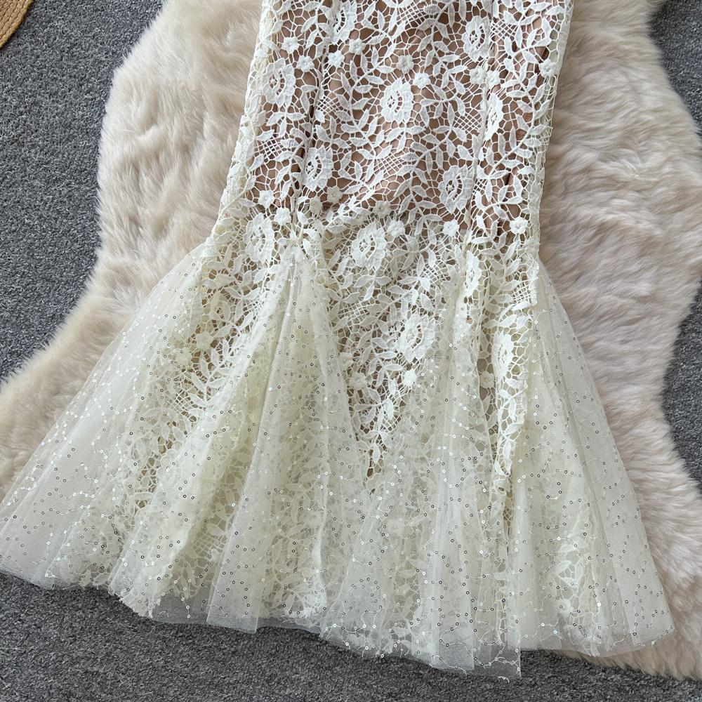 Elegant Temperament Lace Lapel Dress Women's Summer Waist Thin Fishtail Skirt Big Swing Commuting Apricot Short-sleeved Skirt