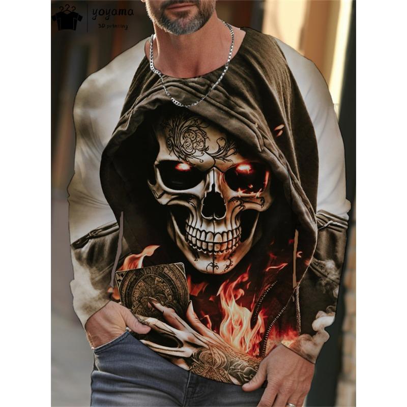 Skull Print Men's Clothing Casual 3D Print Men's Long Sleeve T-shirt Mens Clothing Vintage T Shirt Men Skull Graphic T Shirts