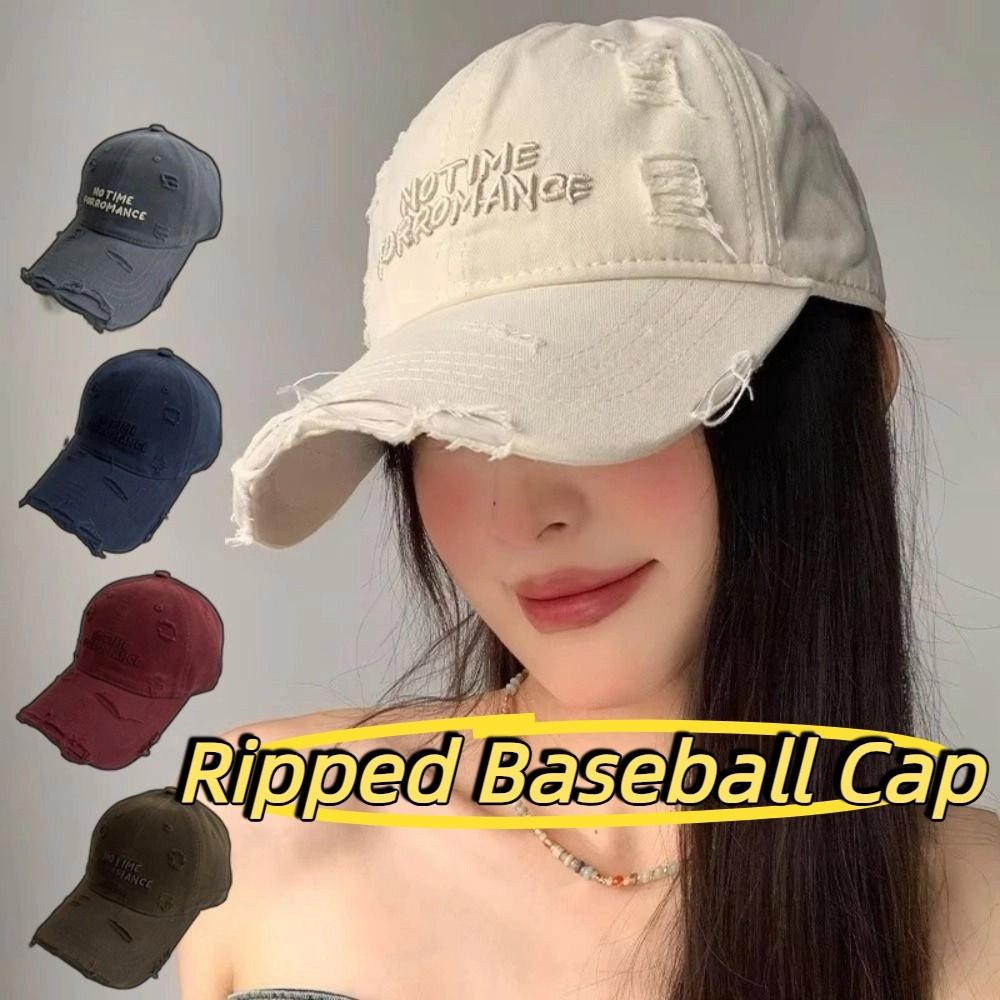 Adjustable Ripped Baseball Cap Korean Alphabet Embroidery Letter Baseball Hat Vintage Washed Cotton Holes Peaked Cap Streetwear