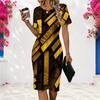 Women Plus Size Round Neck Short Sleeve Black White Striped Printed Fitted Dress